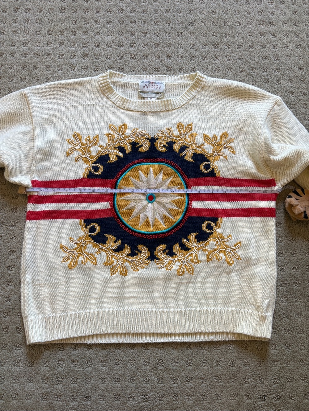 Vintage Susan Bristol Cream Crewneck Sweater with Red, Navy & Gold Medallion - Picture 6 of 12